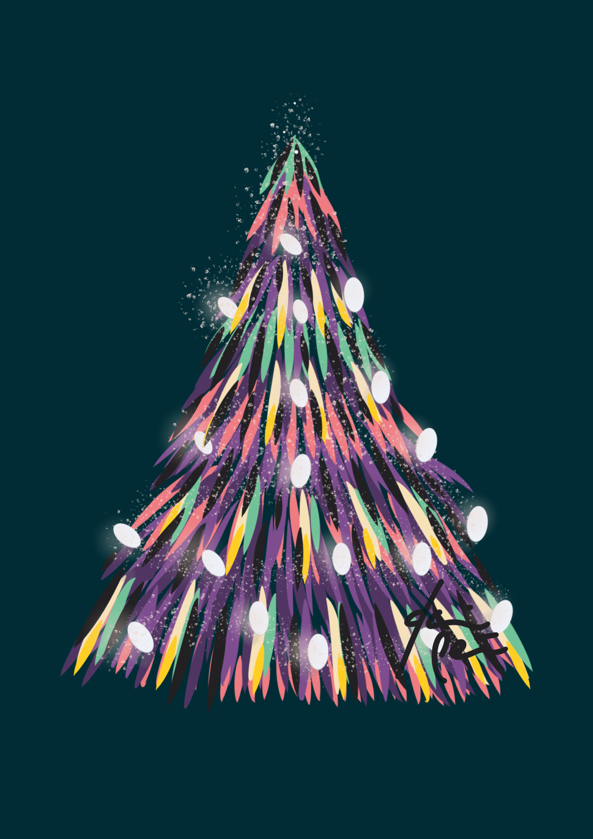Hand-painted night-blue Christmas tree with glowing white lights and colourful brush strokes