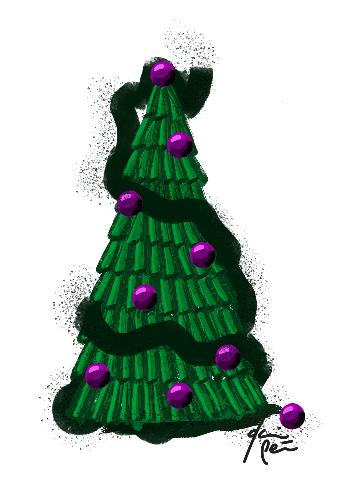 Hand-painted green Christmas tree with shiny purple baubles and a dark ribbon garland on a white background