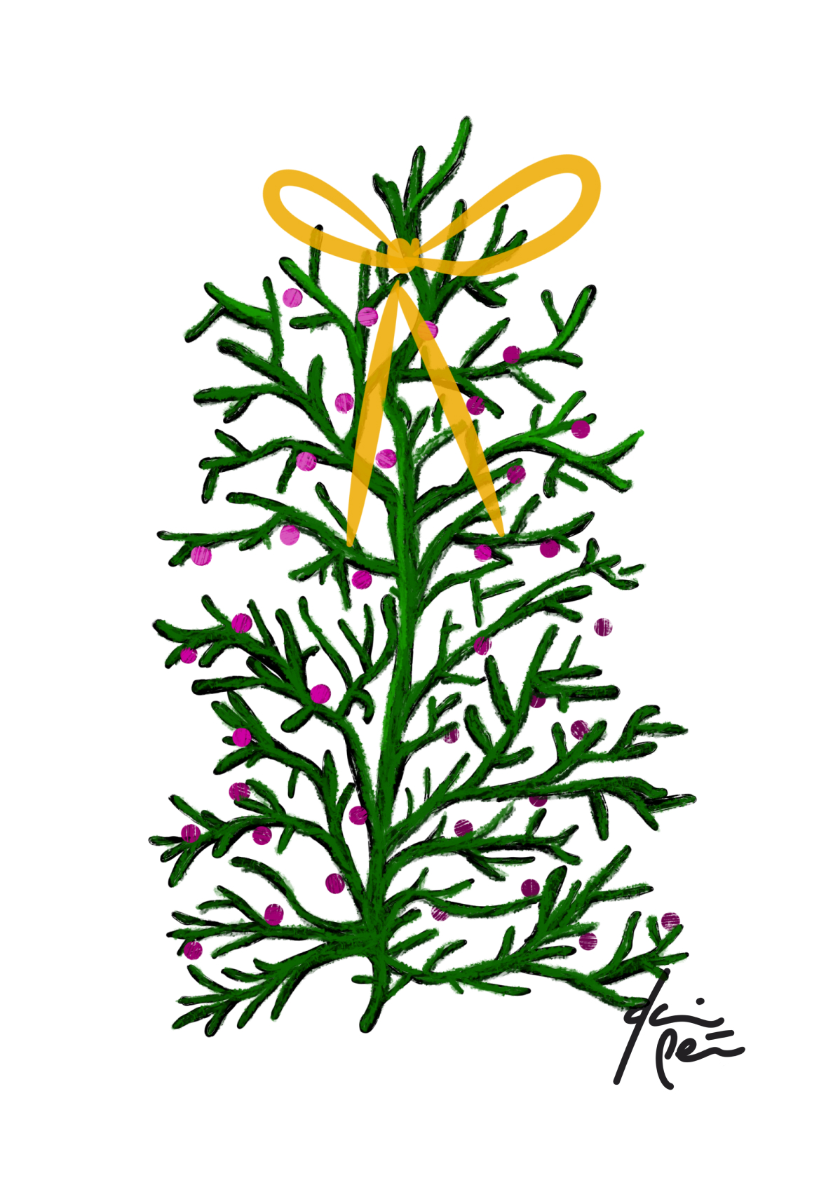Hand-painted evergreen branches with magenta berries tied with an orange-yellow ribbon bow